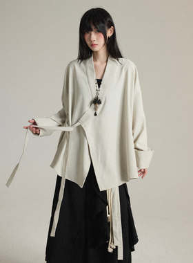 FG721 原创山本耀司风上衣女新中式道袍早秋绑带长袖衬衫外套中性