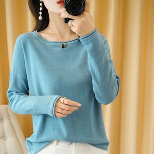long neck sleeved top 上衣 Curled women卷边圆领圆领长袖 round
