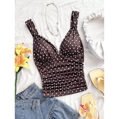 V领印花波点褶皱小吊带 V-neck printed polka dot pleated sling