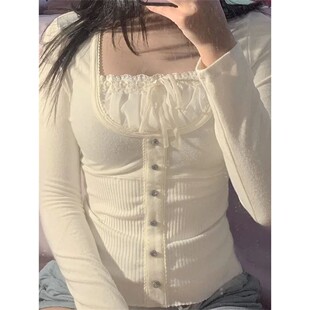 collar two lace fake piece方领蕾丝拼接假两件 splicing Square