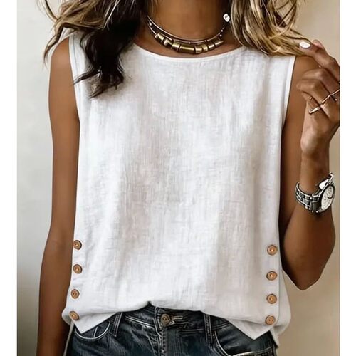 纯色圆领纽扣无袖宽松T恤 Round neck button sleeveless T-shirt