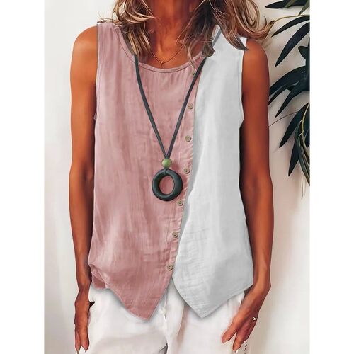 撞色无袖系扣衬衫上衣Color blocked sleeveless button up shirt