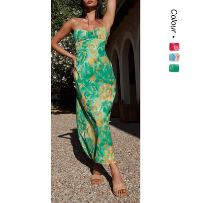 Beautiful back suspender printed dress美背低胸吊带印花连衣裙