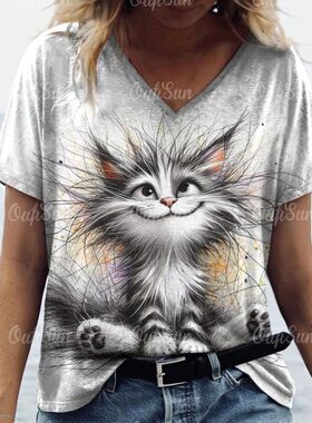 Printed V-neck pullover short sleeved T-shirt 印花v领套头T恤