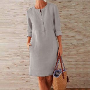 Sleeve Long Casual Loose 宽松连衣裙 Round Dress圆领长袖 Neck