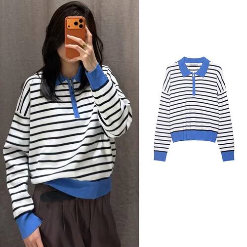 撞色条纹长袖上衣Color blocked lapel striped long sleeved top