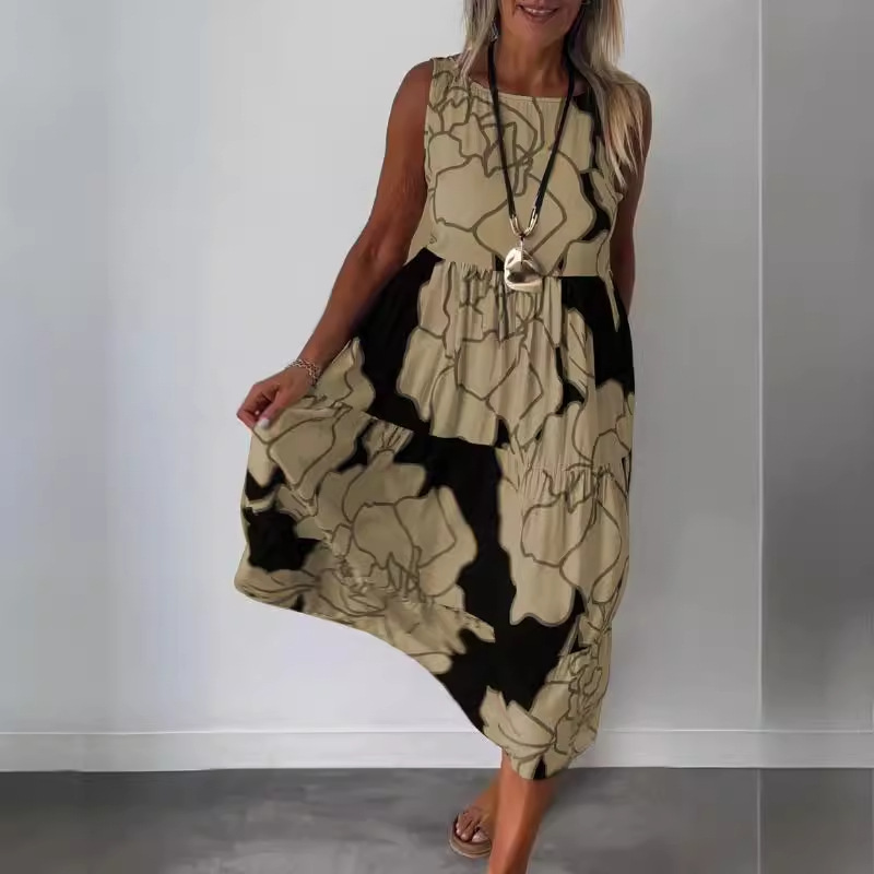 Round neck sleeveless printed long dress 圆领无袖印花连衣裙