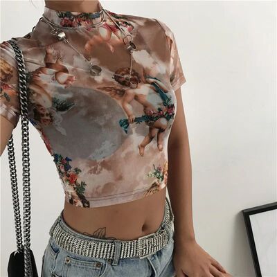 圆领印花网纱T恤Round neck printed mesh short sleeved T-shirt
