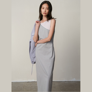 Herz蓝灰色拼接针织背心长裙原创设计连衣裙收腰夏高个子通勤包臀