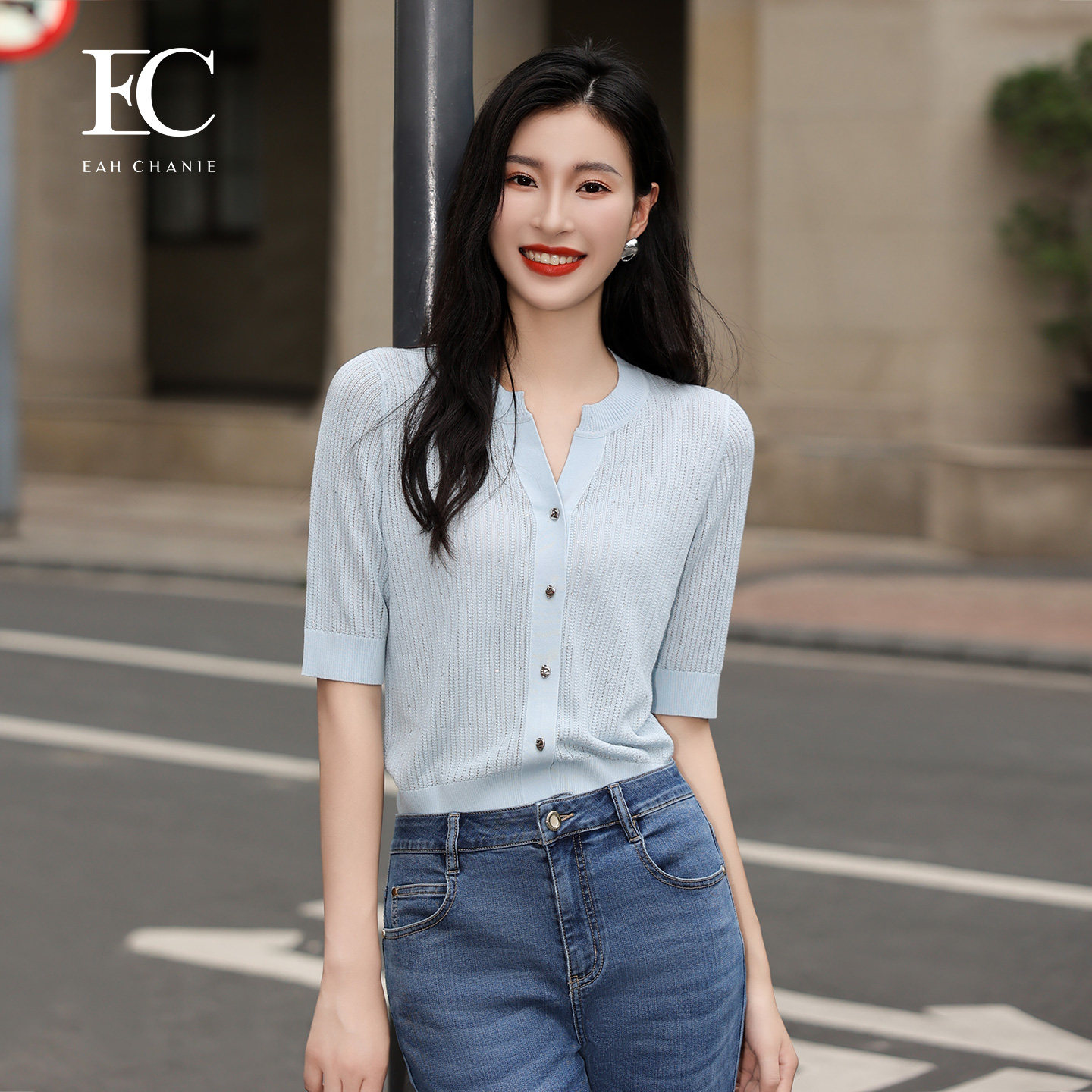 烫钻针织开衫商场同款奕辰女装时尚通勤短袖空调衫夏季新款