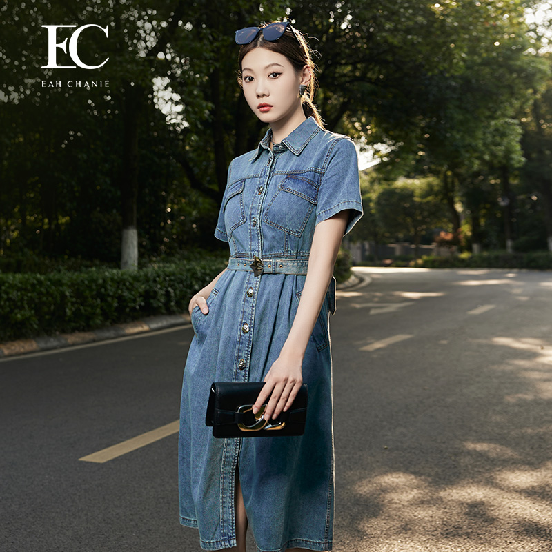 奕辰小翻领牛仔连衣裙复古简约风