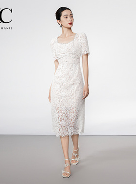 奕辰夏季新款白色钉珠蕾丝花纹连衣裙优雅设计感长裙女eahchanie