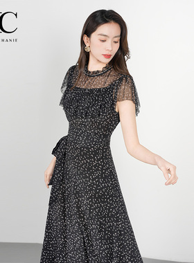 EC奕辰2025夏季新款桑蚕丝连衣裙荷叶边碎花系带长裙女eahchanie