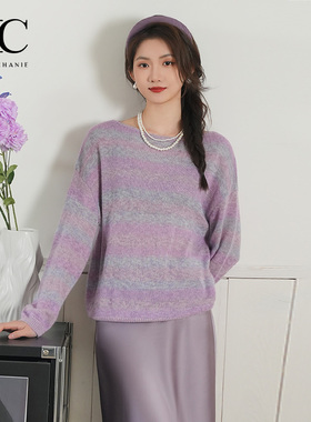 EC奕辰2025秋冬新款浪漫紫色针织衫宽松圆领毛衣女eahchanie