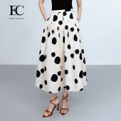 白色波点半身裙高腰A字伞裙eahchanie 新款 巴黎午后 奕辰25夏季