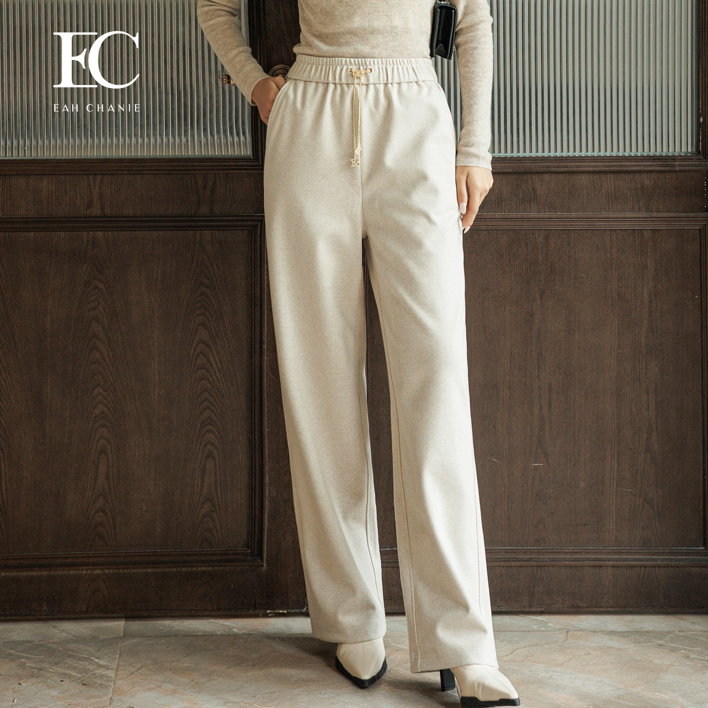 奕辰松紧腰系带休闲阔腿长裤