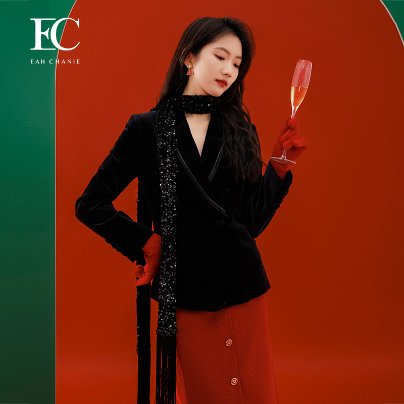 奕辰春季高级感西装新款时尚黑色流光字母丝绒翻领外套eahchanie