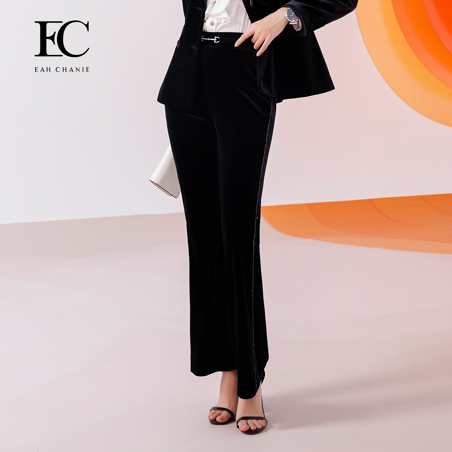 奕辰腰袢装饰丝绒微喇长裤