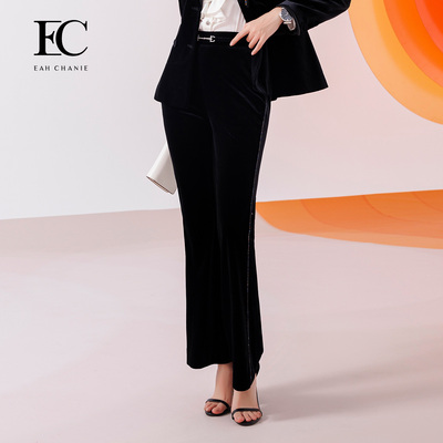 奕辰腰袢装饰丝绒微喇长裤