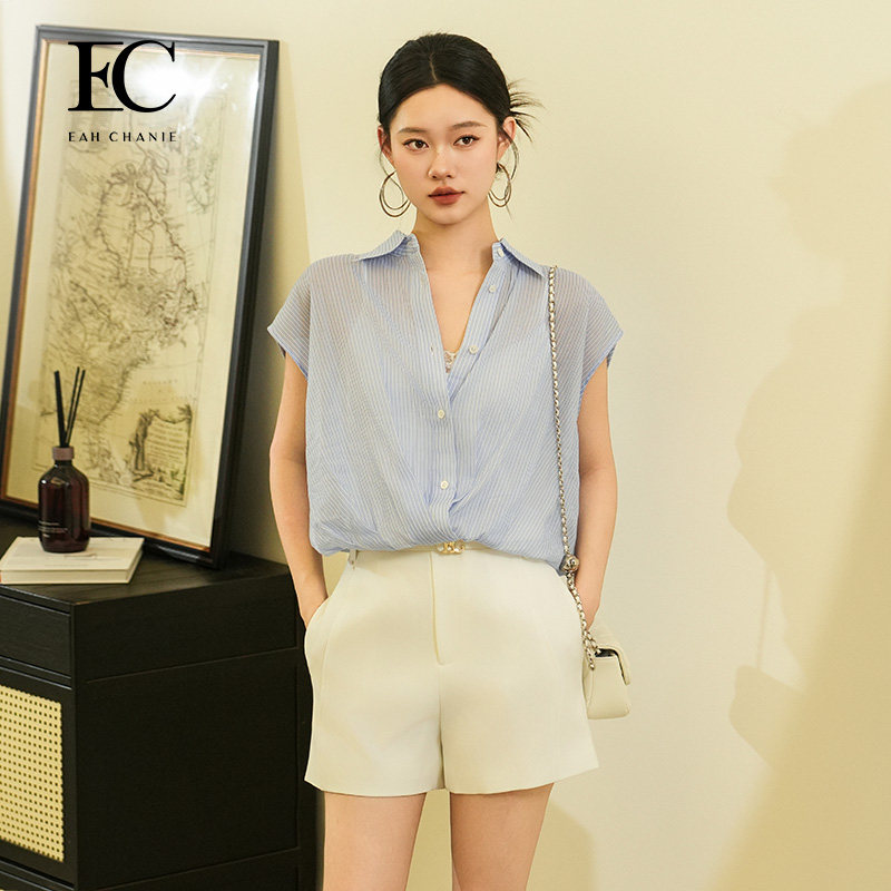 条纹衬衫奕辰女装商场同款翻领短款高智风短袖夏季新款（含吊带）
