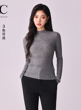 【商场同款】奕辰2025秋冬新款绵羊毛针织衫修身水溶坑条纹打底衫