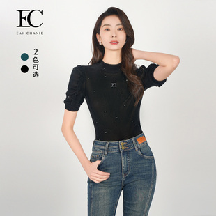 奕辰2025夏季新款复古植绒短袖百搭泡泡袖烫钻修身T恤女eahchanie