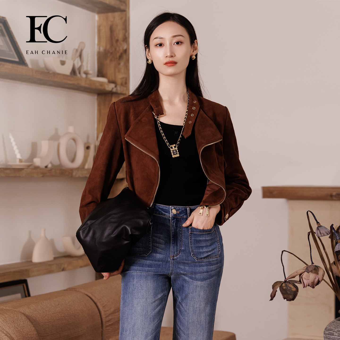 奕辰美式复古麂皮拉链短款皮衣