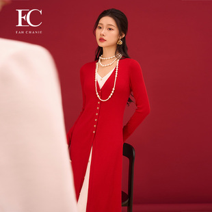 EC奕辰2025秋季新款假两件连衣裙新年氛围感针织裙子女eahchanie