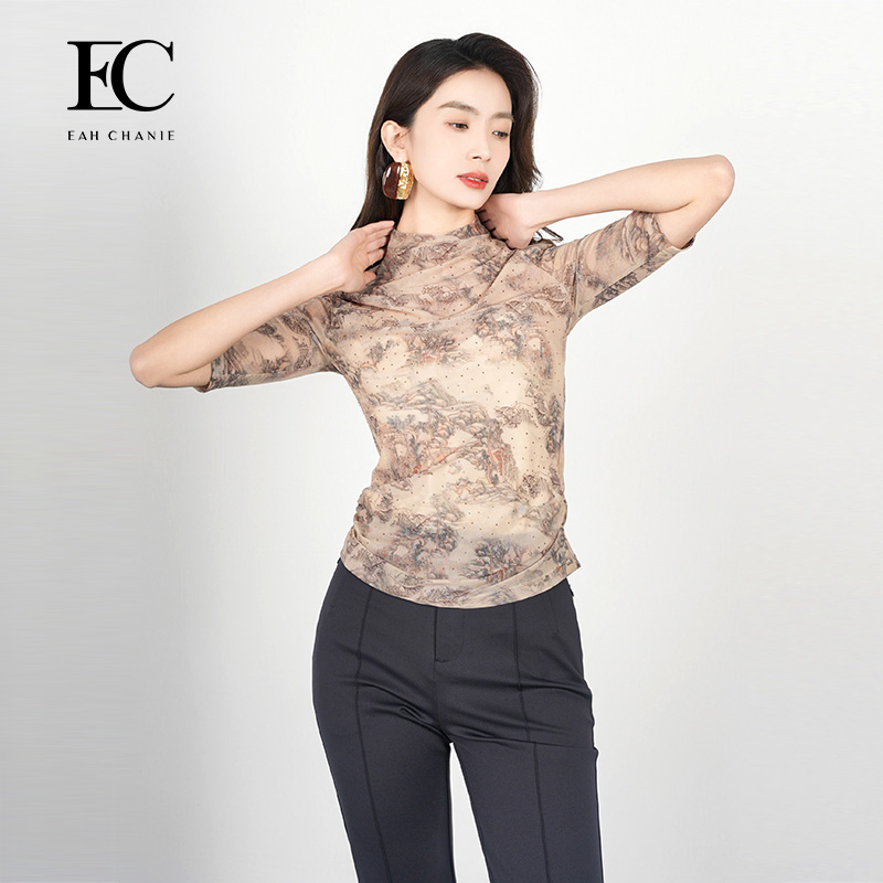 奕辰中国风水墨画五分袖微透T恤