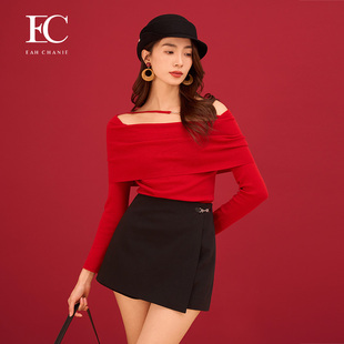 EC奕辰2025秋季新款绵羊毛针织衫优雅一字领毛衫上衣女eahchanie