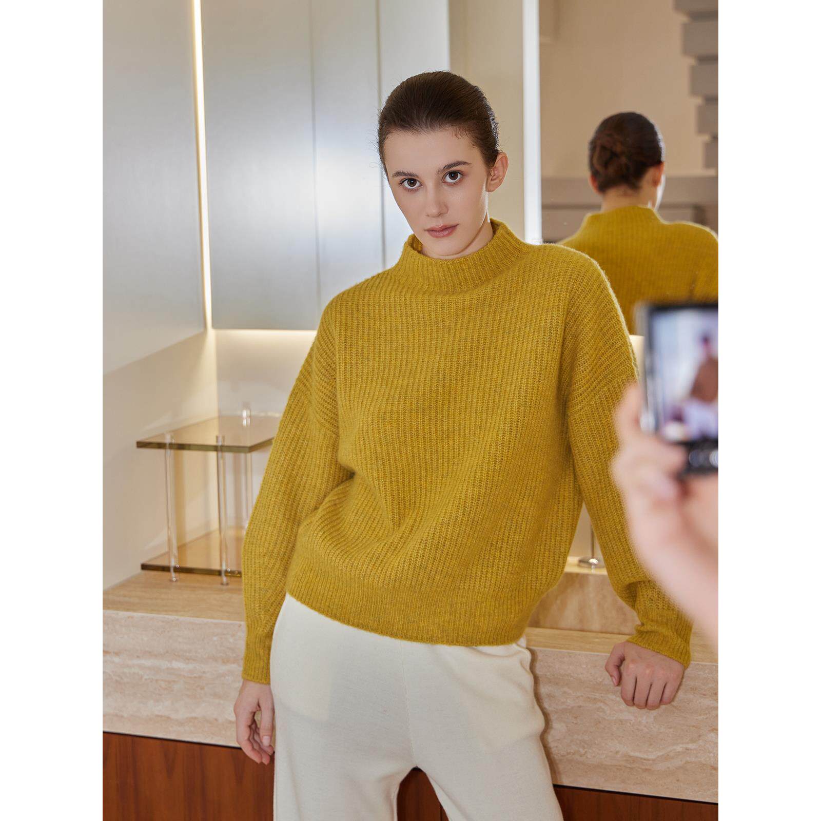 THEEASE舒适派纯山羊绒衫拉毛纱柔软舒适保暖加厚宽松女立领毛