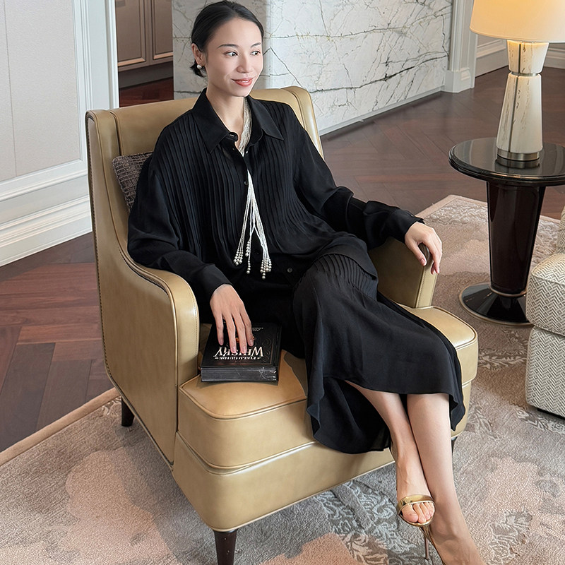 THE EASE 舒适派 19姆米真丝鬼绉桑蚕丝百褶半身裙A字裙