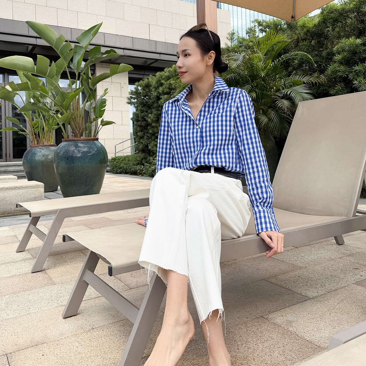 THEEASE舒适派【海盐格调】蓝白格休闲衬衫免烫色织工艺长袖上