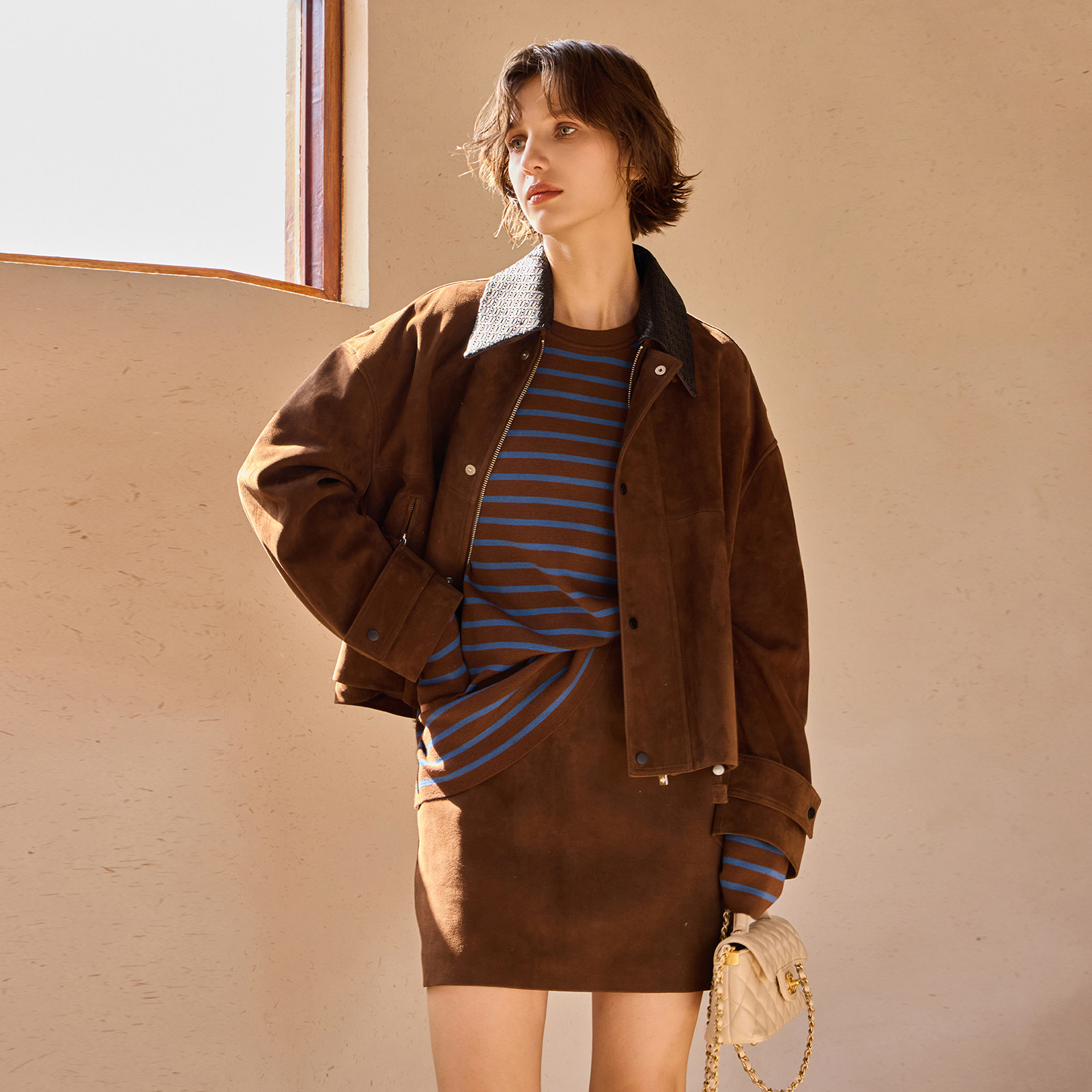 THEEASE舒适派【摩卡】进口小羊皮反绒夹克+短裙复古风女时尚