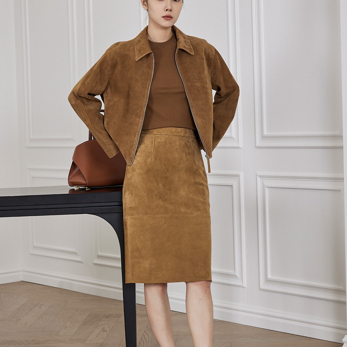 舒适派【勃艮第】100山羊皮半裙秋冬休闲下装