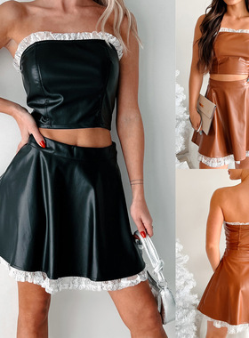 PU皮性感辣妹花边抹胸露脐短裙套装 PU chest leather skirt suit