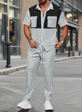 Short sleeved shirt and pantsuit华夫格拼色短袖衬衫长裤套装男