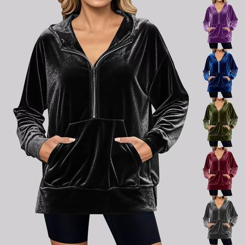 宽松天鹅绒优雅连帽长袖外套女