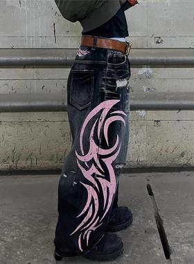 跨境潮牌Jaded London美式复古图案印花水洗牛仔裤辣妹阔腿长裤
