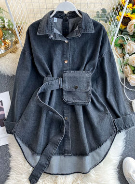 A slimming denim shirt时尚上衣外套女系带收腰露背长袖牛仔衬衫