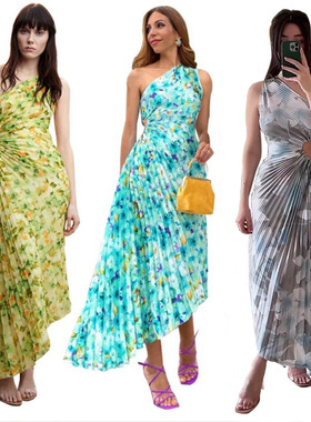 Oneshoulder floral stretch dress单肩碎花弹力连衣裙压褶礼服裙