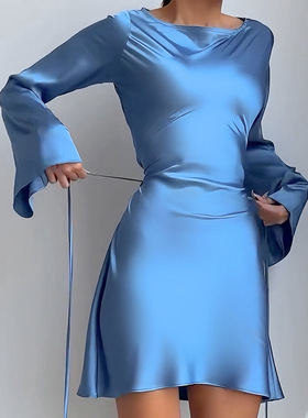 Lace dress, A-line short skirt气质收腰缎面连衣裙优雅包臀短裙