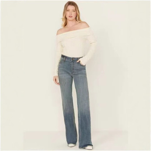 Jeans straight-leg long pants for women 弹力牛仔裤女直筒长裤