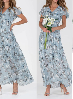 Chiffon floral dress with shortsleeves雪纺碎花短袖收腰连衣裙