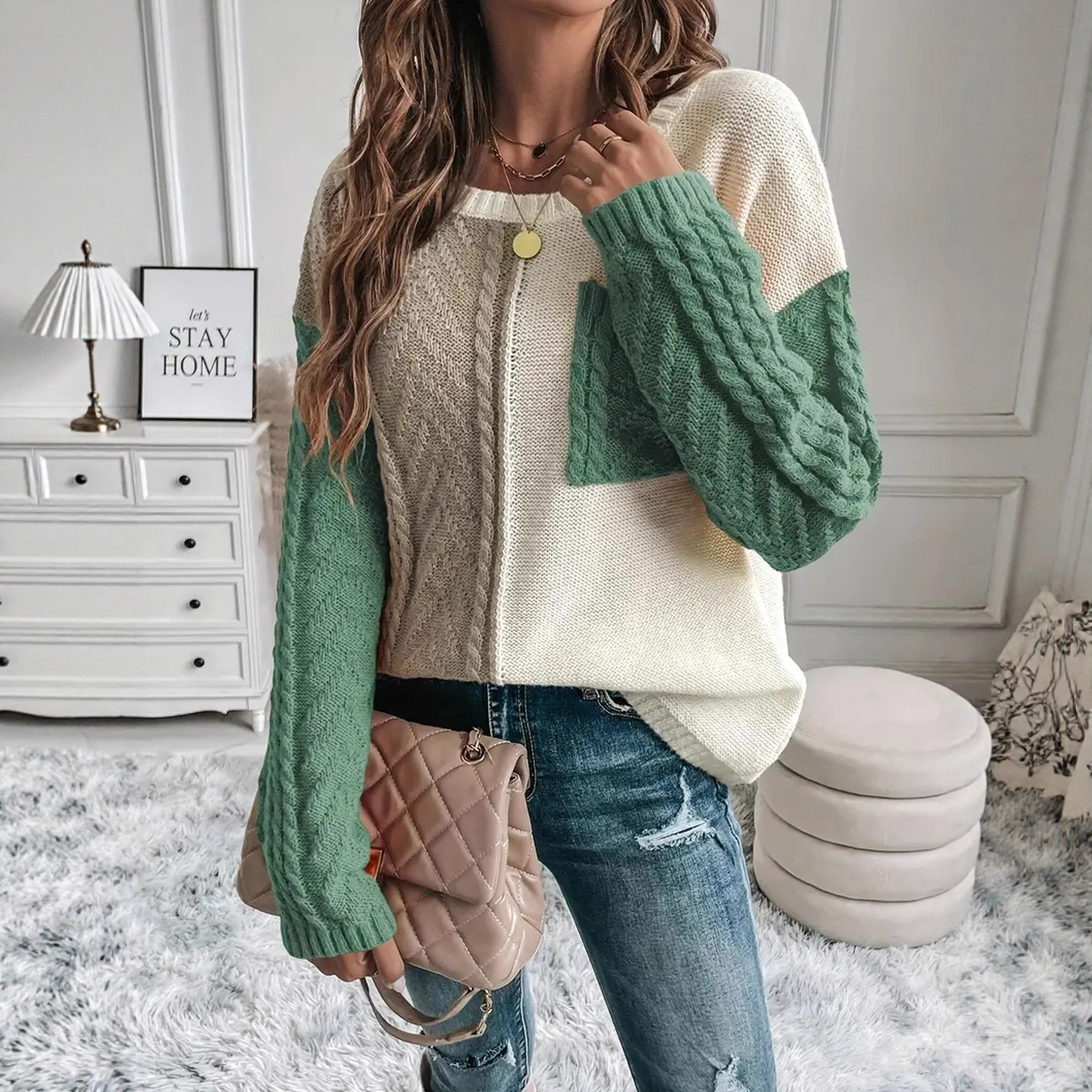 套头宽松针织衫长袖麻花毛衣