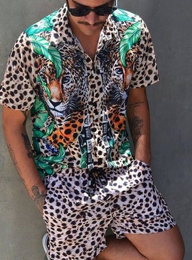 Leopard print loose shirt beach pantsuit man衬衫沙滩裤套装男
