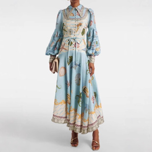 printed linen dress for 连衣裙女 Cotton women棉麻印花长款 and