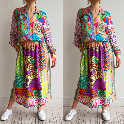 涂鸦缎面印花衬衫半身裙