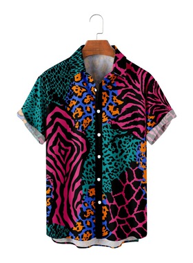 Leopard print short-sleeved lapel shirt 潮流豹纹短袖翻领衬衫
