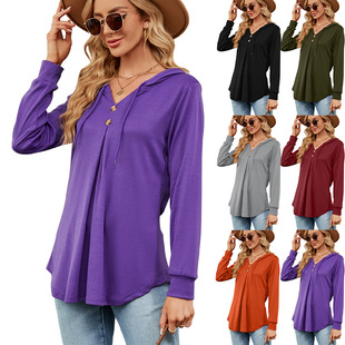 Hooded long-sleeved hoodie 秋韩版女款纯色V领连帽宽松长袖卫衣